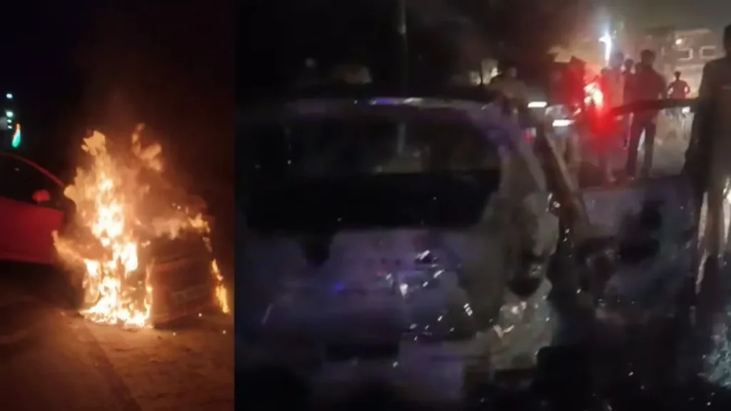 यूपी: संभल में चलती कार में लगी भीषण आग, यात्रियों ने कूदकर बचाई जान