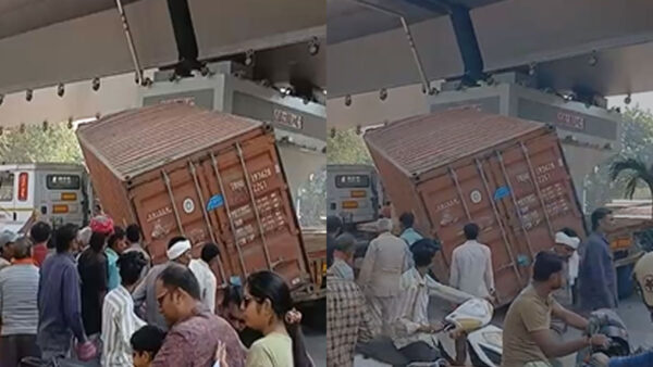 वर्धमान नगर पुल पर कैरियर ट्रक से कंटेनर गिरा, यातायात बाधित; जनहानि नहीं